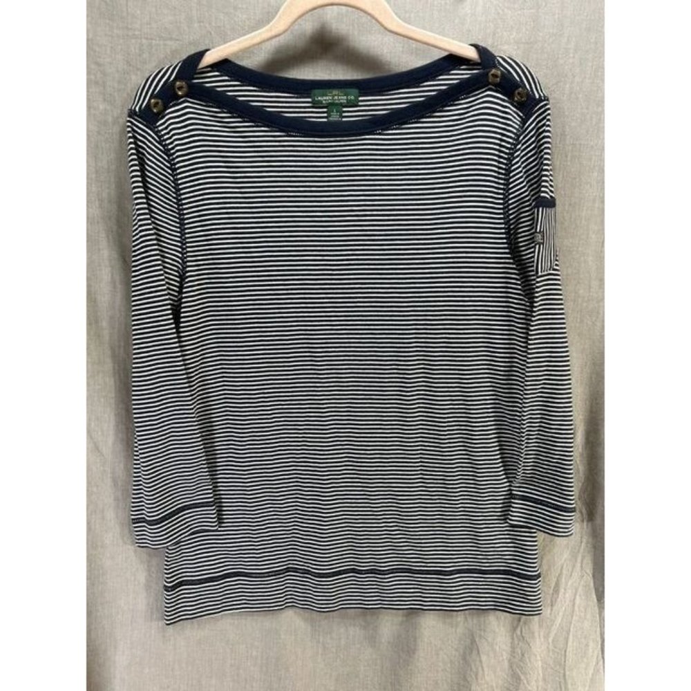 Lauren‎ Jeans Co Shirt Women L Black White Striped Long Sleeve Pullover Ladies.